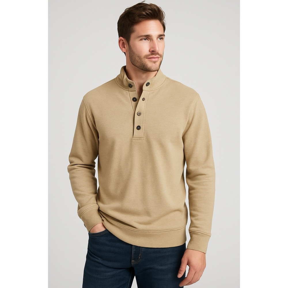 Daniel Cremieux Henley Sweater Mens XL Tan Snap Button Pullover Elbow Patch
